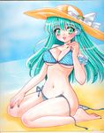  bad_id bad_pixiv_id beach bikini frog_hair_ornament green_eyes green_hair hair_ornament hat kochiya_sanae long_hair mitsuba_(threeleaf) sitting snake_hair_ornament solo sun_hat swimsuit touhou untied wariza 