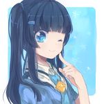  alternate_hairstyle aoki_reika bad_id bad_pixiv_id banned_artist blue_eyes blue_hair blue_neckwear diamond_(shape) hair_ornament hairclip happy long_hair nanairogaoka_middle_school_uniform necktie one_eye_closed ponytail precure ribbon rimoko school_uniform shirt side_ponytail smile smile_precure! solo 