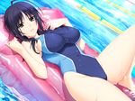  ahoge bare_legs black_hair breasts brown_eyes competition_swimsuit covered_navel covered_nipples dutch_angle game_cg highleg highleg_swimsuit iizuki_tasuku inflatable_raft izumi_wakoto lane_line large_breasts looking_at_viewer lovely_x_cation_2 lying on_back one-piece_swimsuit parted_lips pool short_hair skin_tight smile solo swimsuit water wet wet_hair 