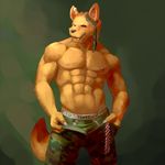  abstract_background ainro anthro bandanna biceps big_muscles black_nose boxers brown_fur canine chest clothing dog fur male mammal muscles nipples open_mouth pants paws pecs plain_background pose simple_background solo standing tan_fur toned tongue topless underwear undressing unknown_artist vein yellow_eyes 