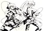  belt boots buckle cable cosplay emblem fate_testarossa hair_ribbon jacket long_hair long_sleeves lyrical_nanoha mahou_senki_lyrical_nanoha_force mikasa_ackerman mikasa_ackerman_(cosplay) monochrome multiple_girls pants paradis_military_uniform ponytail ribbon shingeki_no_kyojin signum sm318 strap sword three-dimensional_maneuver_gear weapon 