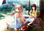  3girls absurdres cat food fruit highres multiple_girls nakajima_yuka outdoors sleeping watermelon 