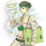  belt black_hair canvas_(object) earrings green_eyes hat headband heaven's_door jewelry jojo_no_kimyou_na_bouken kishibe_rohan midriff multiple_boys notebook pen stand_(jojo) teketo 