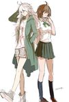  bad_id bad_pixiv_id brown_hair danganronpa genderswap genderswap_(mtf) grey_eyes hinata_hajime hood hoodie jacket komaeda_nagito long_hair multiple_girls necktie school_uniform short_hair shorts skirt smile super_danganronpa_2 underll white_hair 