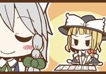  :| adomi blonde_hair braid card closed_eyes closed_mouth comic hat izayoi_sakuya kirisame_marisa letterboxed maid millipen_(medium) multiple_girls short_hair silver_hair smile touhou traditional_media twin_braids v-shaped_eyebrows witch_hat 