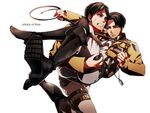  ascot bad_id bad_pixiv_id belt black_eyes black_hair boots carrying emblem eren_yeager jacket levi_(shingeki_no_kyojin) multiple_boys otani_(gloria) paradis_military_uniform princess_carry shingeki_no_kyojin survey_corps_(emblem) thigh_strap whip 