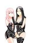  2girls absurdres artist_request black_hair boots corset dominatrix elbow_gloves gloves highres latex leather multiple_girls next_gate_1999 pink_eyes pink_hair red_eyes 