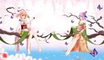  2girls barefoot butterfly cherry_blossoms dusk/dawn flowers hieda_no_akyu japanese_clothes kimono motoori_kosuzu touhou tree water 