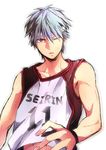  angellnight bad_id bad_pixiv_id bandages basketball basketball_uniform blue_eyes blue_hair headband kuroko_no_basuke kuroko_tetsuya male_focus one_eye_closed solo sportswear 