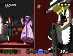  3girls blonde_hair bullet fake_screenshot female gun hat kirisame_marisa koakuma multiple_girls parody patchouli_knowledge pixiv_thumbnail purple_hair red_hair resized sa_no_(iiotoko) time_crisis touhou weapon witch_hat 