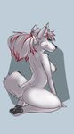  anthro blue_eyes breasts canine cute digital dog ear_piercing female fluffy_tail fur hair howlette husky kida kida_howlette kida_howlette_(character) looking_at_viewer looking_at_viwer mammal nipples nude piercing plain_background seductive sitting smile solo topless white white_background white_fur wolf 