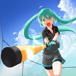  :d ahoge aira_(exp) baseball_bat belt bike_shorts bike_shorts_under_shorts cloud day fence foreshortening gloves green_eyes green_hair hatsune_miku highres long_hair musical_note open_mouth shorts sky smile solo twintails very_long_hair vocaloid 