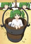  :d ^_^ blush bucket closed_eyes green_eyes green_hair hair_bobbles hair_ornament kisume nokishita_kumoemon open_mouth rope short_hair short_twintails skull smile solo touhou twintails wooden_bucket 
