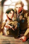  bad_id bad_pixiv_id black_hair blonde_hair cup emblem erwin_smith jacket levi_(shingeki_no_kyojin) multiple_boys otani_(gloria) paradis_military_uniform shingeki_no_kyojin survey_corps_(emblem) window 