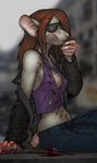  abstract_background blood breasts cigarette clothed clothing ear_piercing eye_patch eyewear female hair hammer hassana mammal nipple_slip nipples orange_hair piercing rat rodent sitting solo strype torn_clothing 