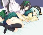  black_hair black_wings blush boots bow breast_grab breasts cape closed_eyes eyeball glassworks-flower grabbing green_eyes green_hair hair_bow hat hat_ribbon heart heart_of_string komeiji_koishi large_breasts long_hair long_sleeves lying multiple_girls on_bed on_stomach open_mouth reiuji_utsuho ribbon short_hair short_sleeves skirt smile third_eye touhou wings yuri 