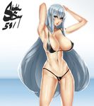  armpits arms_up bikini black_bikini breasts cleavage eu03 grey_eyes huge_breasts long_hair micro_bikini navel selvaria_bles senjou_no_valkyria senjou_no_valkyria_1 shiny shiny_skin sideboob silver_hair solo swimsuit very_long_hair 