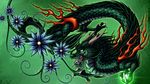  4_toes chinese_dragon dragon feral flower flying glowing green_background green_body green_eyes green_scales green_theme hair happy looking_away open_mouth plain_background ratte scalie sharp_teeth signature solo teeth tongue tongue_out 