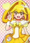  absurdres bad_id bad_pixiv_id blonde_hair bow choker cure_peace earrings hair_flaps heart highres jewelry kise_yayoi long_hair magical_girl open_mouth polka_dot polka_dot_background ponytail precure skirt smile smile_precure! solo tiara v wrist_cuffs yellow yellow_bow yellow_eyes yellow_skirt yupiteru 