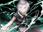  accelerator bad_id bad_pixiv_id crazy_eyes crazy_smile lightning male_focus outstretched_arm outstretched_hand pants pietani397 red_eyes shirt short_sleeves silver_hair solo to_aru_kagaku_no_railgun to_aru_majutsu_no_index 