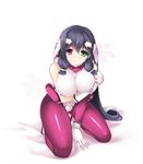  asama_tomo bare_shoulders blush bodysuit breast_hold breasts gloves green_eyes heterochromia kneeling kyoukaisenjou_no_horizon large_breasts long_hair looking_at_viewer pantyhose pink_legwear purple_eyes purple_hair skin_tight solo tebukuro very_long_hair 