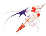  barefoot bat_wings bow dress full_body hat highres okari polearm red_eyes remilia_scarlet short_hair simple_background solo spear_the_gungnir touhou weapon wings 