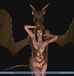  ambiguous_gender black_background breasts dragon female gold grab horn human mammal millennium_dragon nipples nude plain_background scalie wings 