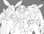  armadillo armadillo_knight armor armored_armadillo balls black_and_white cowboy_hat dillion dillions_rolling_western dillon dillon's_rolling_western dracovar_valeford erection galan gallan gay gloves grey_background group hat line_art looking_at_viewer male mega_man_(series) megaman_x monochrome nude penis plain_background scarf sheath sword vein veiny_penis weapon 