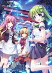  blonde_hair blue_eyes dress flower frog_hair_ornament gradient_hair green_eyes green_hair hair_ornament hair_tubes hijiri_byakuren kochiya_sanae long_hair miyase_mahiro multicolored_hair multiple_girls pleated_skirt purple_hair skirt skirt_hold smile snake_hair_ornament toramaru_shou touhou very_long_hair 