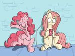  confused docwario duo earbuds equine female feral fluttershy_(mlp) friendship_is_magic hair headphones horse ipod mammal my_little_pony pink_hair pinkie_pie_(mlp) pony sitting smile wall 