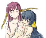  2girls :p animal_ears black_eyes black_hair blush breast_grab breasts bust dog_ears eyes_closed grabbing karura_(utawareru_mono) licking long_hair multiple_girls nipple_licking nipples nipples_licking nude oekaki purple_hair saliva simple_background sweat tongue tongue_out touka_(utawareru_mono) upper_body utawareru_mono white_background yuri 