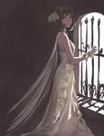  bare_shoulders blue_eyes brown_hair dani-ikapi dress gloves gown idolmaster idolmaster_cinderella_girls looking_at_viewer mole mole_under_eye satin_clothes satin_dress short_hair solo standing takagaki_kaede wedding_dress white_gloves window 