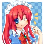  blue_eyes kujou_mikuru long_hair maid maid_headdress one_eye_closed red_hair ribbon seihou smile solo vivit 