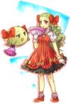  bow dual_persona fan fingers frills ghost gloves green_hair hands kataro light_smile lolita_fashion long_hair looking_at_another mario_(series) open_mouth paper_mario personification red_eyes red_footwear red_skirt resaresa shoes skirt socks standing super_mario_bros. 