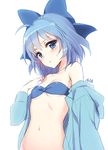  ahoge an2a artist_name bandeau bare_shoulders bikini bikini_top blue_eyes blue_hair blue_jacket blush bow breasts cirno hair_bow hood hooded_jacket jacket looking_at_viewer navel off_shoulder open_clothes short_hair simple_background sketch small_breasts solo stomach swimsuit touhou white_background 
