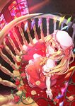  ascot blonde_hair flandre_scarlet flower greetload hat hat_ribbon looking_up plant red_eyes ribbon rose short_hair side_ponytail skirt skirt_set smile solo stained_glass stairs touhou vines window wings wrist_cuffs yellow_flower yellow_rose 