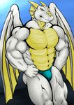  abs altoryu anthro biceps big_muscles blue_background blue_eyes bulge clothed clothing dragon frown grey_skin grin horn looking_at_viewer male muscles pecs plain_background pose reptile scales scalie shorts skin solo speedo standing swimsuit toned topless underwear western_dragon white_dragon wings xxzerkkandragonxx yellow_horns yellow_skin 