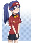  blue_hair blush brown_eyes clothes_writing cosplay employee_uniform fast_food_uniform hataraku_maou-sama! idolmaster idolmaster_(classic) kisaragi_chihaya lieass looking_at_viewer parody pencil_skirt polo_shirt sasaki_chiho sasaki_chiho_(cosplay) skirt solo twintails uniform visor_cap 