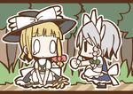  2girls adomi blonde_hair braid clenched_hand comic flower forest hat izayoi_sakuya kirisame_marisa letterboxed maid millipen_(medium) multiple_girls nature short_hair silver_hair solid_oval_eyes tears touhou traditional_media tree twin_braids witch_hat 