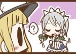  ? adomi blonde_hair bowing braid closed_eyes comic hat izayoi_sakuya kirisame_marisa letterboxed maid millipen_(medium) multiple_girls open_mouth short_hair silver_hair solid_oval_eyes touhou traditional_media twin_braids witch_hat 