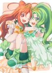  ;d arm_warmers bad_id bad_pixiv_id banned_artist bike_shorts carrying cure_march cure_sunny detached_sleeves dress gloves green_dress green_eyes green_hair green_shorts green_skirt hair_bun hino_akane_(smile_precure!) long_hair magical_girl midorikawa_nao multiple_girls one_eye_closed open_mouth orange_eyes orange_hair ponytail precure princess_carry princess_form_(smile_precure!) ribbon rimoko shoes shorts shorts_under_skirt skirt smile smile_precure! tiara tri_tails 