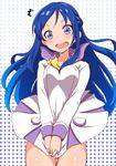  1girl blue_eyes blue_hair blush clearite dokidoki!_precure dress dress_tug hishikawa_rikka long_hair looking_at_viewer oogai_daiichi_middle_school_uniform precure purple_sailor_collar sailor_collar sailor_collar_lift school_uniform solo wind wind_lift 