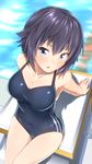  blue_eyes blue_hair blush breasts cleavage highres large_breasts looking_at_viewer ninnzinn one-piece_swimsuit open_mouth photokano sanehara_hikari school_swimsuit short_hair sitting solo swimsuit 