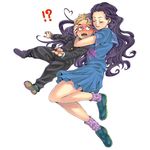  1boy 1girl black_hair blonde_hair blush couple gakuran hetero hirose_kouichi hug jojo_no_kimyou_na_bouken long_hair purple_hair school_uniform serafuku short_hair size_difference sweat teketo yamagishi_yukako 