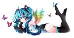  aqua_eyes aqua_hair bad_id bad_pixiv_id bug butterfly character_name elbow_gloves gloves hatsune_miku insect jj_(ksn2928) leotard long_hair lying on_stomach solo thighhighs twintails vocaloid white_background wings 