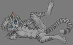  anus balls blue_eyes claws digitigrade feline girly grey_hair hair hindpaw looking_at_viewer lying male mammal nude on_back paws pira plain_background presenting sheath solo spread_legs spreading stripes tiger toes 