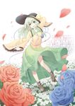  arm_behind_head backlighting blue_flower blue_rose fence field floral_print flower flower_field green_eyes hat hat_ribbon heart heart_of_string highres hiroro komeiji_koishi long_hair long_sleeves looking_at_viewer open_mouth petals red_flower red_rose ribbon rose shirt silver_hair skirt smile solo third_eye touhou wide_sleeves 