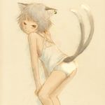  animal_ears blush camisole cat_ears cat_tail chemise chen earrings highres jewelry leaning_forward looking_back no_hat no_headwear panties saraband short_hair solo tail touhou traditional_media underwear white_panties 