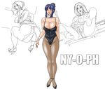  ass bangs blue_eyes blue_hair blunt_bangs breasts bunnysuit censored cleavage detached_collar glasses high_heels large_breasts legs_up leotard leotard_aside lipstick long_hair makeup mound_of_venus multiple_girls ny-o-ph off_shoulder pantyhose ponytail pussy sitting sketch solo_focus spread_legs squatting standing thighs torn_clothes torn_pantyhose wristband 