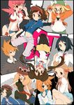  6+girls akane_(pokemon) bel_(pokemon) black_hair black_legwear blonde_hair blush bow brown_hair calme_(pokemon) cheren_(pokemon) double_bun eyewear_on_head glasses hat hat_bow highres holding holding_poke_ball jacket jewelry kasumi_(pokemon) kyouhei_(pokemon) long_hair mei_(pokemon) mikan_(pokemon) multiple_boys multiple_girls nakamura_sandayo necklace one_eye_closed ookido_green open_clothes open_jacket orange_hair pleated_skirt poke_ball pokemon pokemon_(game) pokemon_bw2 pokemon_hgss pokemon_xy serena_(pokemon) shorts sitting sitting_on_person skirt sunglasses thighhighs twintails two_side_up visor_cap 